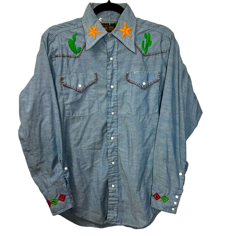 Vtg 70s Western Pearl Snap Blue Chambray Hand Embroidered Button Up Shirt